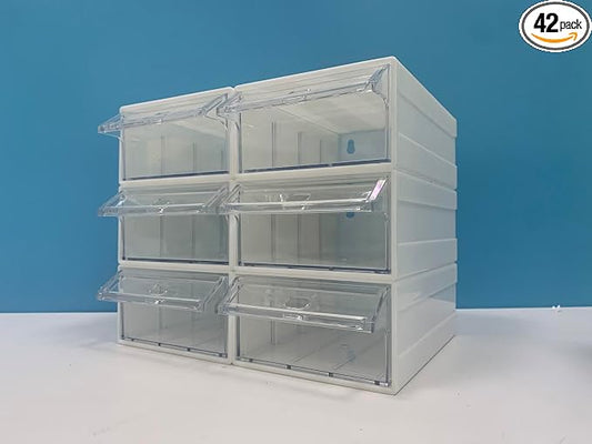 6 Pcs Drawer Stacking Storage Cabinet, White Plastic Drawers Storage Closet & 18 Pcs Clear Dividers Organizer Rack & 12 Pcs Tag Card for Home Office School by SOEWIOU