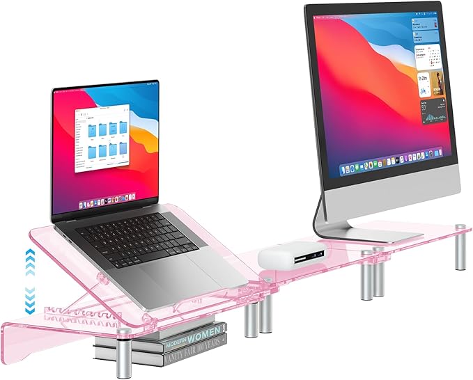 Pink Acrylic Dual Monitor Stand Riser,Laptop Riser Adjustable to 8 Angles | Double Computer monitor riser for desk for 2 Monitors,Desktop organizer Stand for Laptop,PC,Printer,TV，Cute Desk Accessories by RQUOIRE