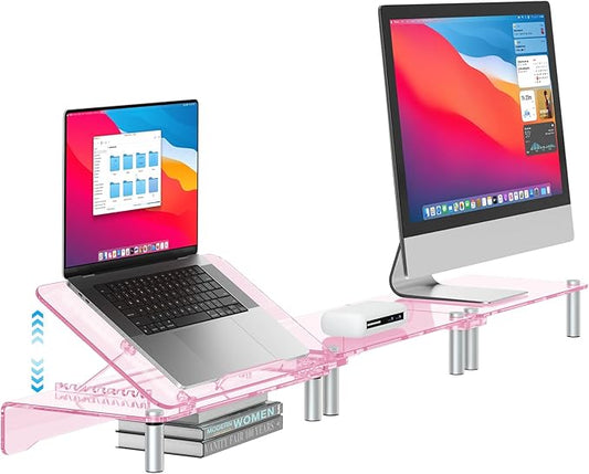 Pink Acrylic Dual Monitor Stand Riser,Laptop Riser Adjustable to 8 Angles | Double Computer monitor riser for desk for 2 Monitors,Desktop organizer Stand for Laptop,PC,Printer,TV，Cute Desk Accessories by RQUOIRE