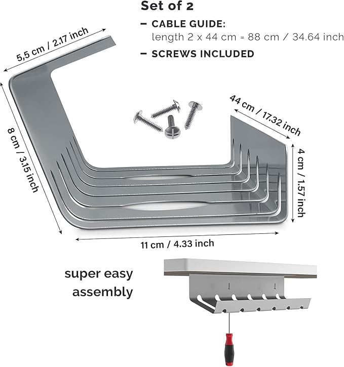 PAMO Cable Management Under Desk, Set of 2 - Grey/Silver | Easy under-table mounting keeps cables organized, includes 10 cable ties for a clean and tidy office or home workspace. - Image 3