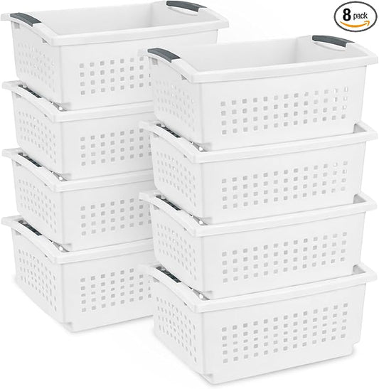Sterilite 8 Pack Large Stacking Basket, Open Top Storage Bin with Handles, White - Ideal for Home Closets, Kitchens, or Office Organization by Sterilite