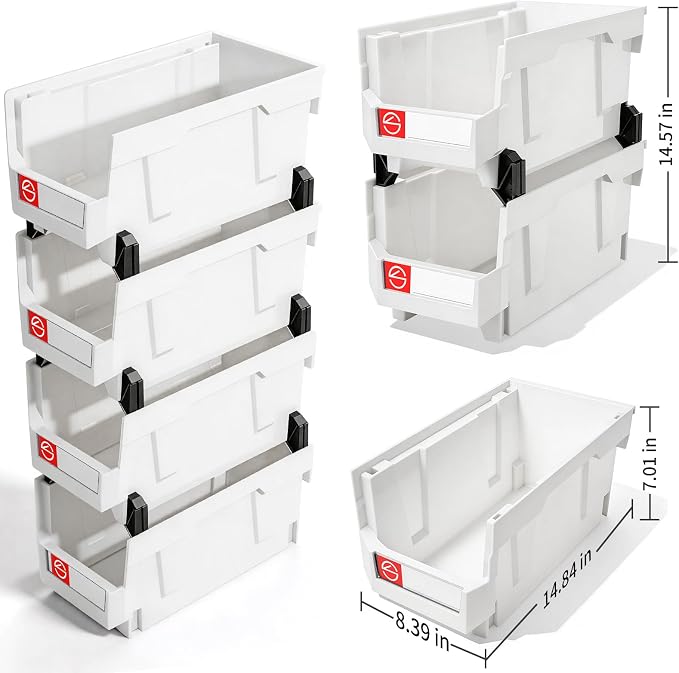 4Pack Storage Organizer Boxes,Desk Drawer Organizer, Stackable Storage Bins for Store Tools,Office Supplies,Workshop,Containers Garage(14.84" x 8.39"x 7.01"),White - Image 2