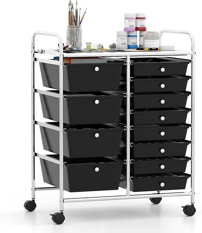 Giantex 12 Drawer Rolling Cart with Drawers, Storage Organizer Cart for Classroom Office School Teacher, Mobile Drawer Cart for Tools, Crafts, Small Printer, Black by Giantex