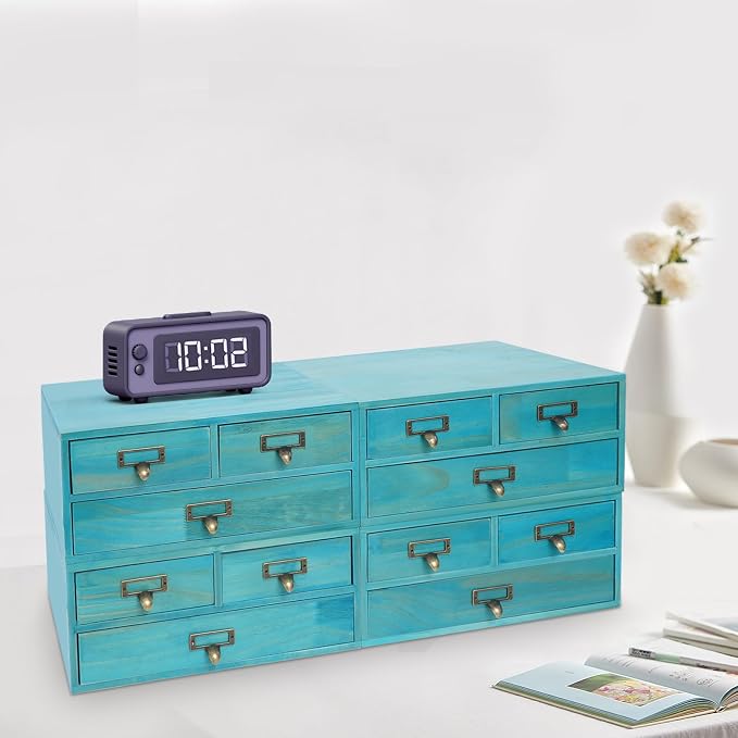 4 Pcs Vintage Desktop Organizer Set, Wooden 12 Drawer Storage Cabinets with Metal Handles & Label Slots, Stackable Apothecary Chest for Office, Herb, Tea, Jewelry and Stationery Organization (Blue) - Image 4
