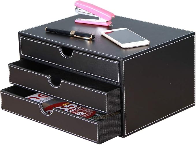 High-end PU Leather Desk Organizer File Cabinet Executive Office Supplies Desktop Filing A4 File Cabinet Stackable Storage Organizer Box with 3 Drawers (Black)… by RHCSZ