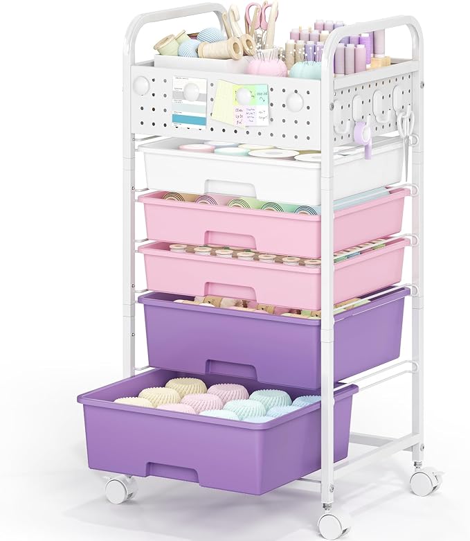 5 Drawer Rolling Storage Cart with Pegboard Top and Hooks, Dreamy Color | Mobile Organizer Cart with Wheels for Office Supplies, Craft Storage, Classroom Organization, Home Utility Cart by SYKIARIOL