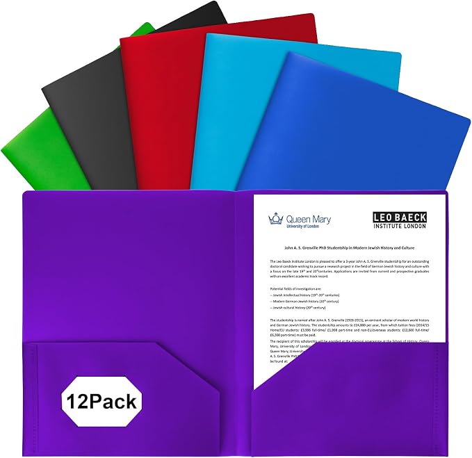 12-Pack Plastic Folders with Pockets,2-Pocket Poly Folders Holds 8-1/2" x 11" Paper for School/Office/Home, Assorted by EEHZTSIOFFICE