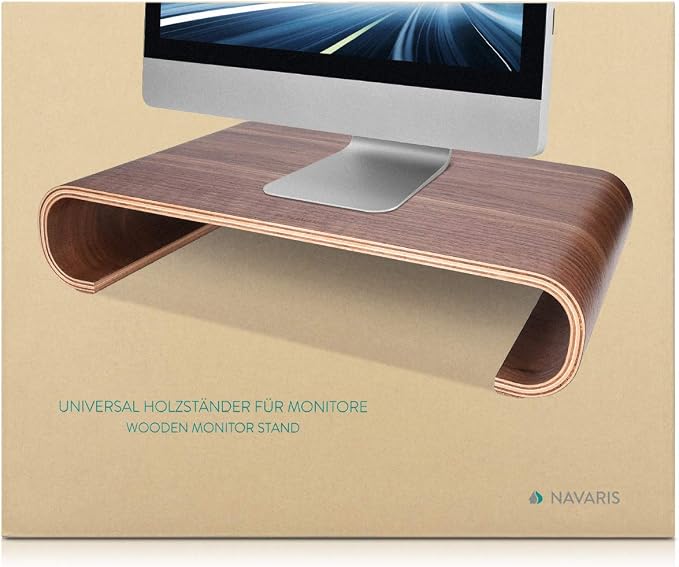 Navaris Wood Monitor Stand Riser - Computer Desk Organizer Desktop Dock Wooden Mount Display for PC TV Screen Notebook Laptop - Bamboo - Image 6