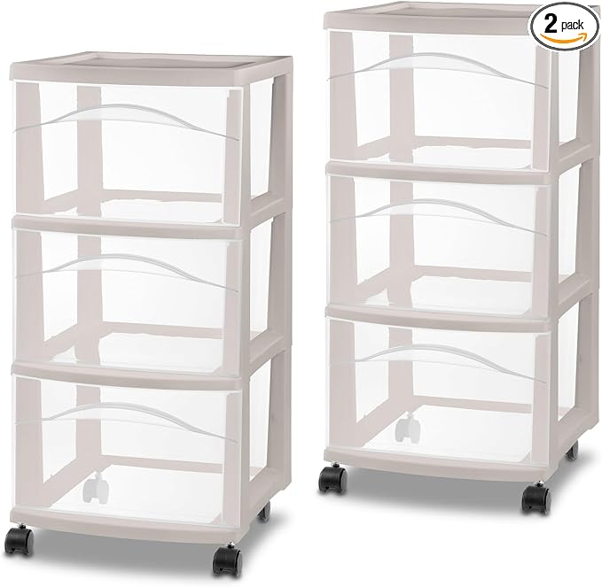Sterilite 2 Pack 3 Drawer Storage Cart, Rolling Organization, Grey Pumice by Sterilite
