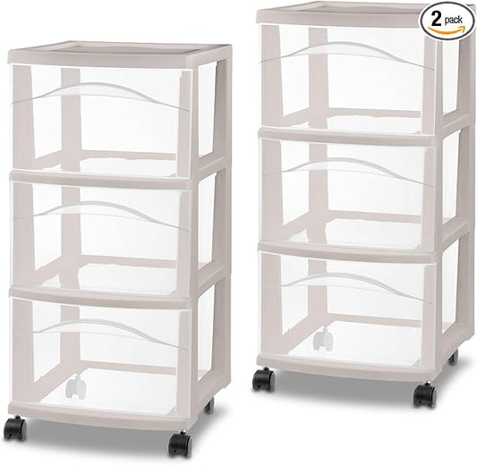 Sterilite 2 Pack 3 Drawer Storage Cart, Rolling Organization, Grey Pumice by Sterilite