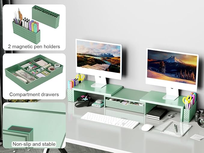 Spacrea Metal Desk Organizers and Accessories, Dual Monitor Stand Riser with Drawer and 2 Pen Holders, Book Racks, Desk Accessories & Workspace Desktop Organizers for Office Supplies (Sage Green) - Image 4