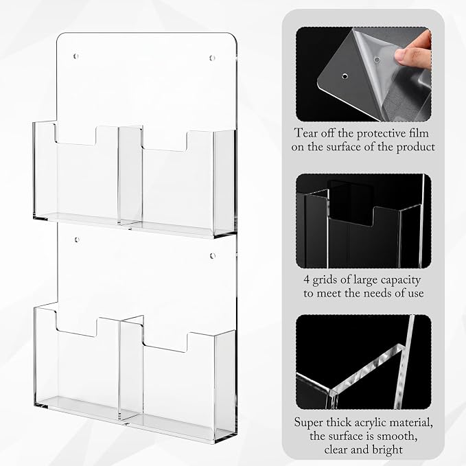 Barydat 4 Pocket Acrylic Brochure Holder Wall Mount 7.4 x 4.2 Inches | Clear Pamphlet Holder Plastic Trifold Flyer Rack Magazine Display Stand Wall Hanging Organizer for Office Menu Ads - Image 3