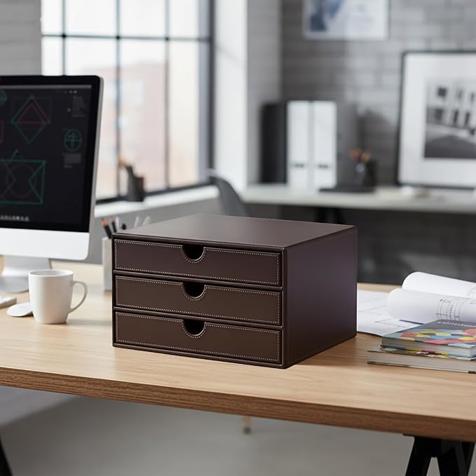 UnionBasic Leather Desktop Drawer Organizer, File Cabinet Magazine Document Holder, Office Supplies Desk Storage Organizer Box, 3 Drawer, Coffee - Image 2