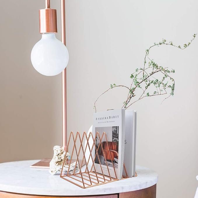 Rose Gold Magazine Holder, Desktop File Sorter Organizer Triangle 9 Slot Newspaper Record Storage Shelf Rack for Home Office Decoration - Image 6