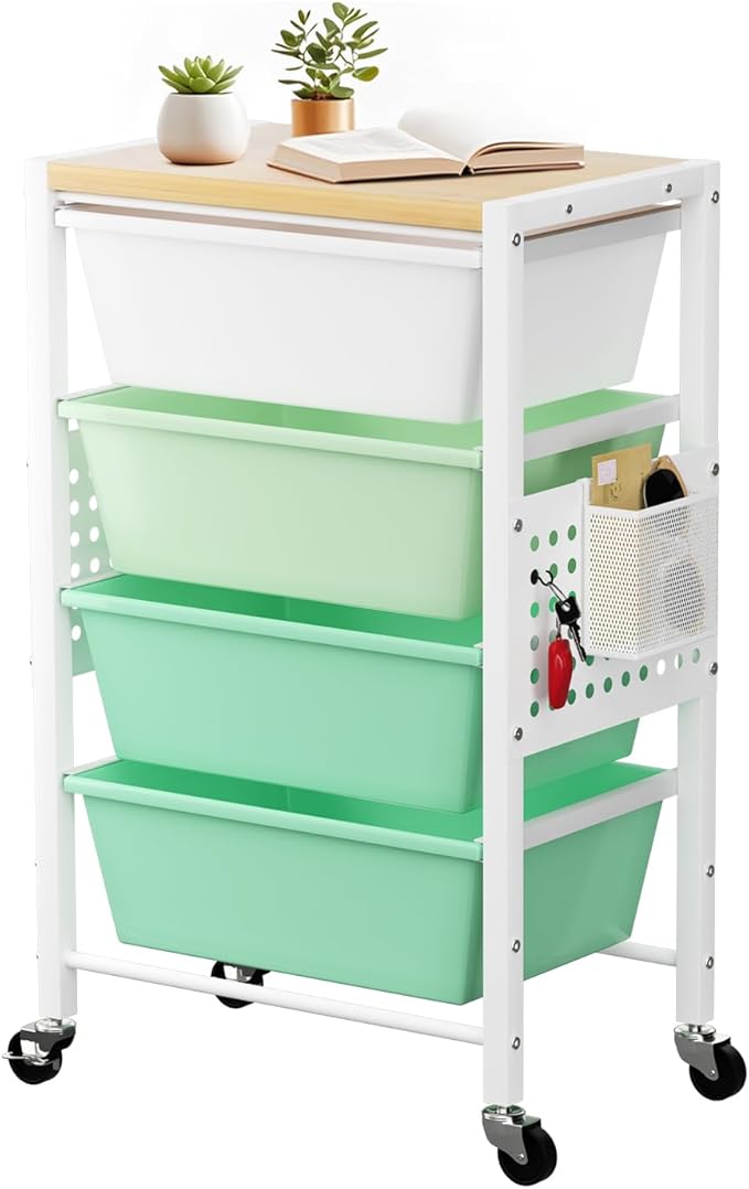 Rolling Cart with 4 Drawers, Plastic Drawer Storage Carts with Wheels & Wooden Tabletop, Metal Utility Cart with Pegboards, Office Living Room Classroom Craft Organization and Storage, Bright Green by TimeForest