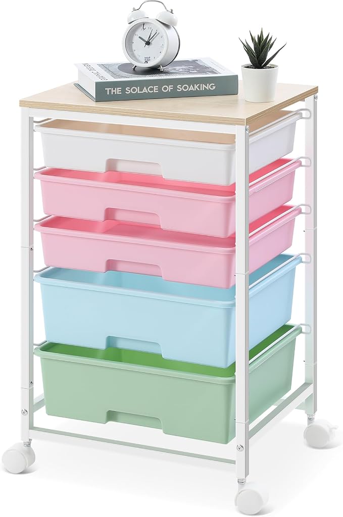 SYKIARIOL Utility Cart with 5 Drawers with Wooden Top, Rainbow | 5-Tiers Storage Cart with Drawers with Lockable Wheels for Craft Organizers and Storage,Home Office,Classroom,Dorm ,Playroom by SYKIARIOL