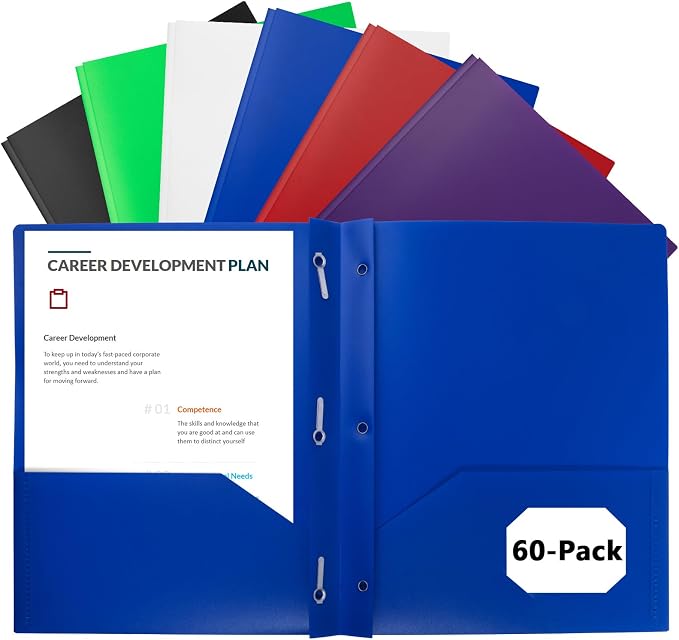 60-Pack Plastic Folders with Pockets and Prongs,2-Pocket Folders with 3 Fasteners, Poly Folders Holds 8-1/2" x 11" Paper for School/Office/Home, Assorted by EEHZTSIOFFICE