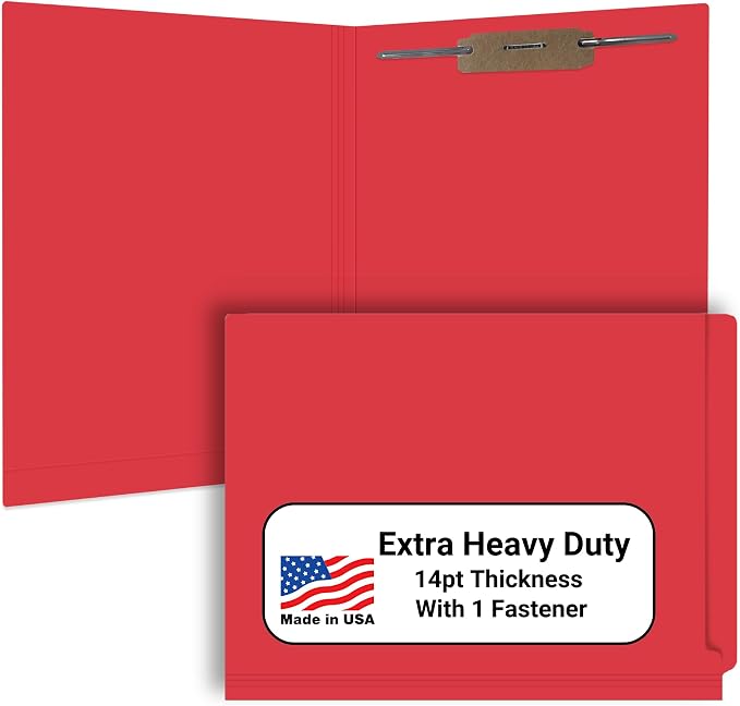 Red File Folders, Doctor Stuff, Letter Size Reinforced End Tab Folder with 2" Bonded Fastener on Inside Back, 14 pt Stock, Box of 50 by DoctorStuff