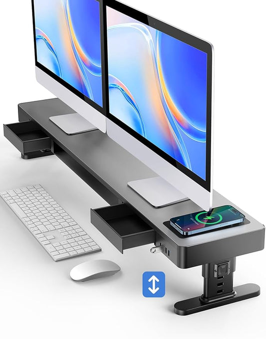 meatanty Dual Monitor Stand with 4 Adjustable Heights, Auto Phone Charging Pad, 4 USB Ports, Computer Riser with Drawers Storage, Metal Double Desk Organizer Lifter Raiser for 2 Monitors Screen Gift by Meatanty