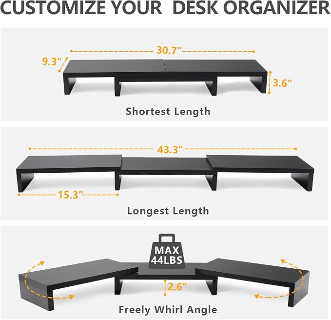 TAVR Monitor Stand Riser, Office Desktop Organizer Stand for 2 Monitors | Adjustable Length and Angle 3 Shelf, Extra Long Multifunctional Wooden Stand up to 43.3" fit Computer, Laptop, TV, Black - Image 3