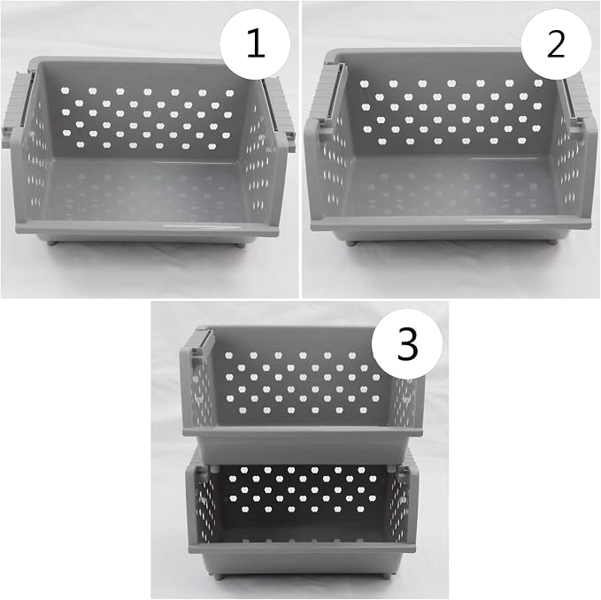 3 Pack Stacking Open Front Storage Bins, Gray Stackable Basket | Plastic Pantry Storage Basket Rack for Vegetable Fruit Snack Toy - Image 5