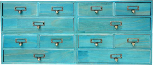 Stackable 4 Pack Pine Wood Desktop Storage Organizer with 3 Drawers, Brown Tabletop Drawer Box with Metal Handles, Space Saving for Office Study Living Room Coffee Bar (Blue) by Unknown