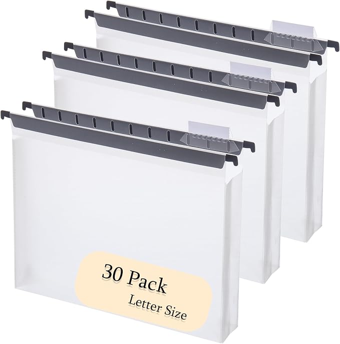 30 Plastic Large Capacity Hanging folders, Letter Size, with Labels | Expandable design creates extra capacity for bulky files while keeping documents organized and easy to access. by FeiBi