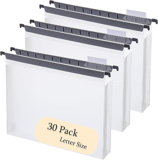 30 Plastic Large Capacity Hanging folders, Letter Size, with Labels | Expandable design creates extra capacity for bulky files while keeping documents organized and easy to access. by FeiBi