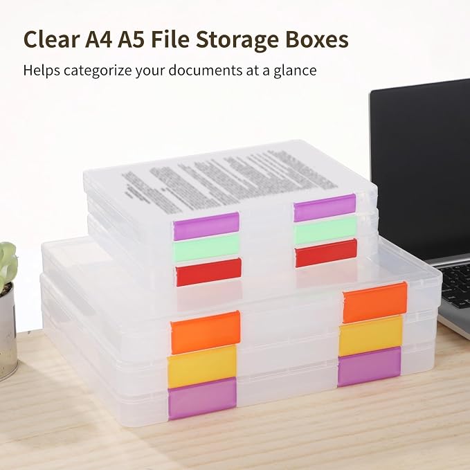 12 PCS Clear A4 A5 File Boxes, Plastic Paper Organizer with Color Buckles and 54 Labels, Stackable Magazine Protector Cases, Transparent Document Case for Office, School, Home - Image 2