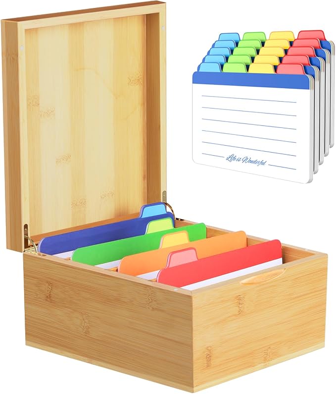 Neando Extra-Large Bamboo Index Card Organizer for 5x8 Cards – Wooden Storage Box with Lid, 4 Compartments, 600-Card Capacity, Includes 20 Tabbed Guides – Natural Filing Box for Home & Office by Neando