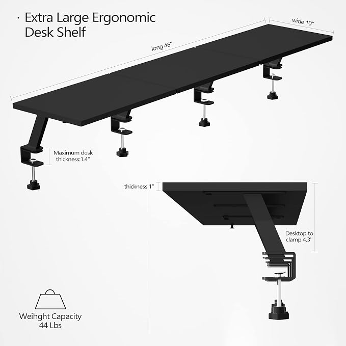 Extra-Large 45-Inch Wood Clamp On Desk Monitor Shelf with Spacious Storage Space - Fits 60-inch or Dual 32-inch Screens, C-Clamp Design with Rubber Pad, Max Load 44lbs - Image 3