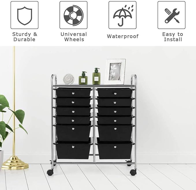 Moccha 12-Drawer Rolling Storage Cart - Utility Cart on Wheels with Lockable Casters for Craft Art Supply Paper Salon, Mobile Drawer Carts for Classroom Teacher School Office - Image 6