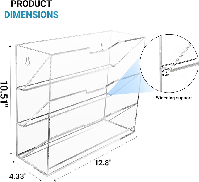 Hanging Wall File Organizer with 4 Pocket Tier - Acrylic Vertical Mail File Folder Holder Wall Mount Mail Magazine Rack with Bottom Tray for Office Home Countertop, Clear - Image 2