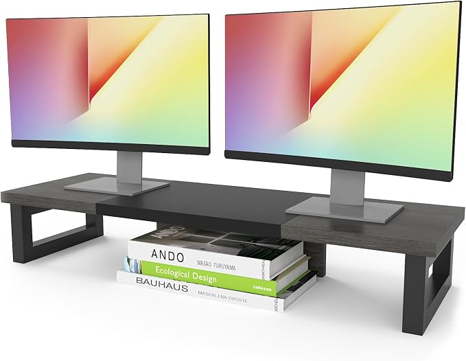 WESTREE Dual Monitor Stand Riser, Wood and Steel Monitor Stand Riser, Computer Monitor Stand for 2 Monitors, Multi-Purpose Desktop Storage Stand for Computer,Laptop,Printer,TV by WESTREE