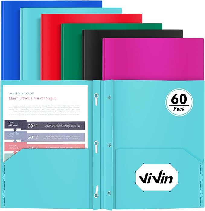 Heavy Duty Plastic Folder, 60 Pack, Pocket Folder with brads, Letter Size Poly File, Plastic Folders with 3 Prongs Fasteners - Assorted Color by ViVin
