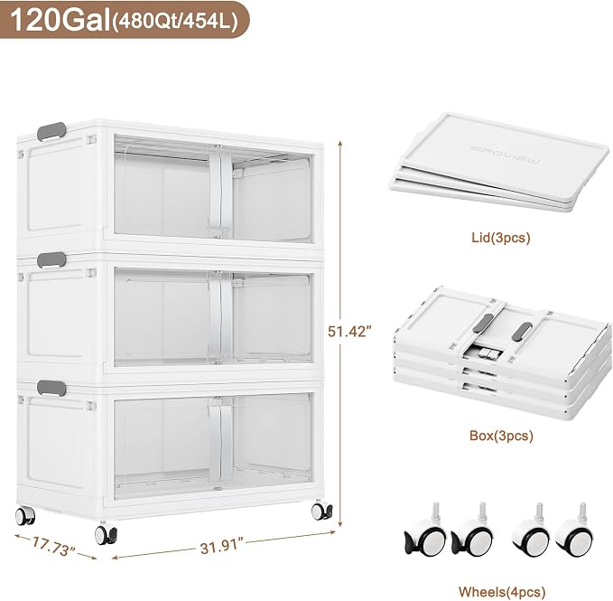 BROVIEW 480QT Stackable Storage Bins with Lids, 120Gal Extra Large Collapsible Storage Box with Wheel, Plastic Storages with Clear Door Open Front for Home Kitchen Garage, White-3pack(3 lids) - Image 2