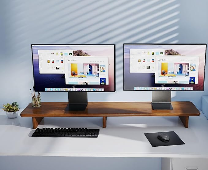 Solid Wood Dual Monitor Stand Riser Walnut Monitor Riser for Desk Wooden Desk Shelf Ergonomic Monitor Stand for Home Office - Image 7