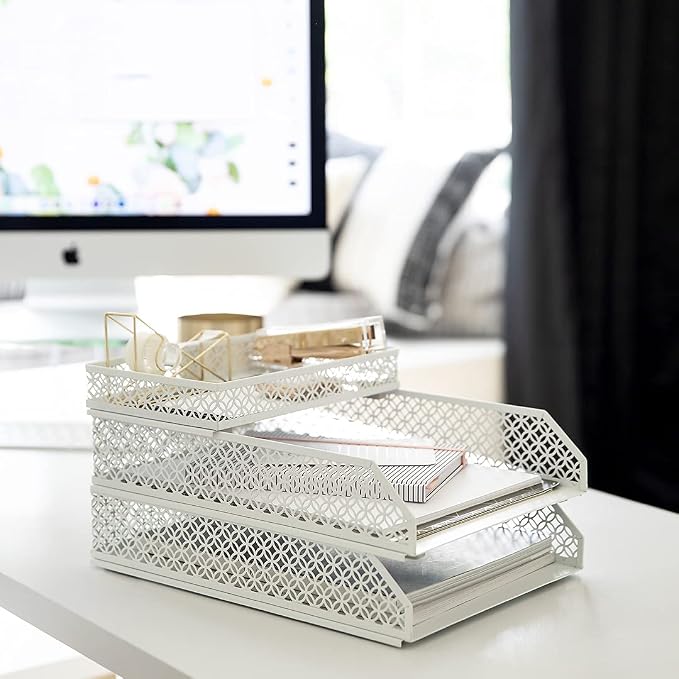 BLU MONACO | White Desk Organizer Set | 6 Piece Metal Desk Organizer with Pen Cup, Accessory Trays, and Letter Trays | Desk Organizers and Accessories for Office - Image 4