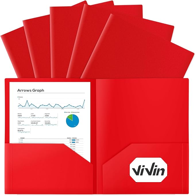 ViVin 12-Pack Sturdy Plastic Folder with Pockets, Poly Folders with 2 Pocket, Plastic Pocket Folder with Business Card Slot, for School, Home, Office (Red) by ViVin