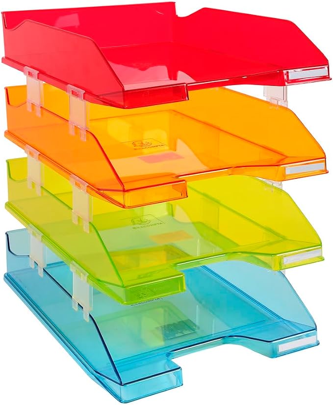 Exacompta - Ref 113299SETD - Linicolor Stackable Letter Tray Combo Midi (Set of 4) - 347 x 255 x 244mm, Suitable for A4+ Documents, 12 Spacers Included - Assorted Colours by +Office+Supplies