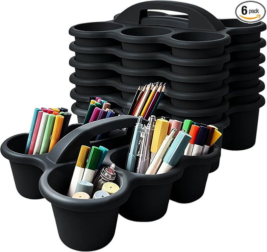 6 Pack Classroom Caddy Organizer with Handle Black Plastic Table Caddy 6 Compartments Storage Cup Holder for School Supplies Art Crafts Crayons Pencils Stackable Desk Caddy for Office Home by JEChrochen