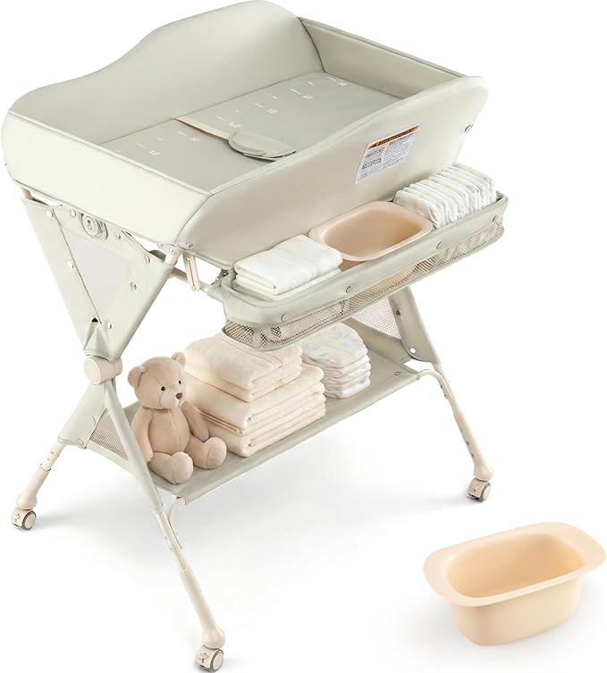 INFANS Baby Changing Table with Wheels, Portable Folding Diaper Station Nursery Organizer with Storage Basket, Hanging Rack, Adjustable Height, Safety Belt for Newborn Infant (Green) by INFANS