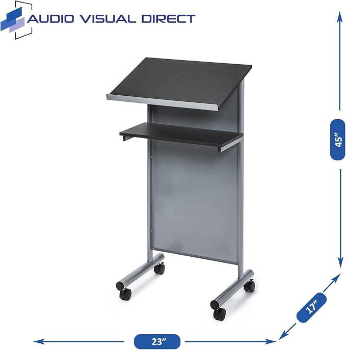 Wheeled Lectern Podium - Standing Desk with Storage Shelf - Silver/Black - Ideal for Presentations and Laptop Use - Image 3