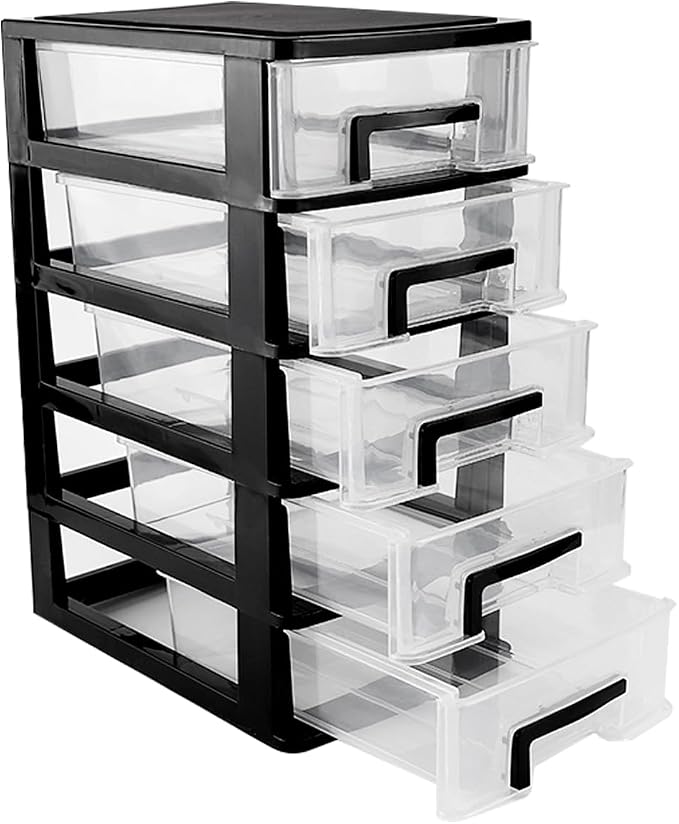 Plastic Desk Organizer,Desk Storage Box with 5 Drawers,Cosmetics Jewelry Storage Box Multifunction Storage Rack for Office School Home (Black &Transparent) by LNQ+LUNIQI