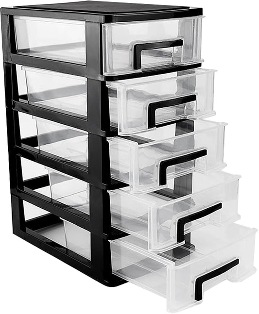 Plastic Desk Organizer,Desk Storage Box with 5 Drawers,Cosmetics Jewelry Storage Box Multifunction Storage Rack for Office School Home (Black &Transparent) by LNQ+LUNIQI