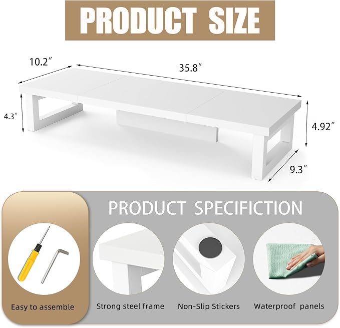 WESTREE Dual Monitor Stand Riser, Wood and Steel Monitor Stand Riser, Computer Monitor Stand for 2 Monitors, Multi-Purpose Desktop Storage Stand for Computer,Laptop,Printer,TV - Image 7
