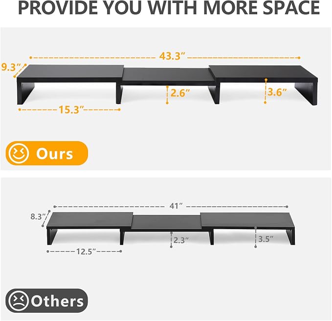 TAVR Monitor Stand Riser, Office Desktop Organizer Stand for 2 Monitors | Adjustable Length and Angle 3 Shelf, Extra Long Multifunctional Wooden Stand up to 43.3" fit Computer, Laptop, TV, Black - Image 8