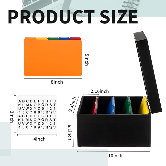 5 x 8 Inch Index Card Holder Set, Bamboo Organizer Box with 50 Dividers & 2 Sheets Alphabet Number Stickers File Note Holders, Holds 1200 Cards for Office Business Home Kitchen, Black - Image 2