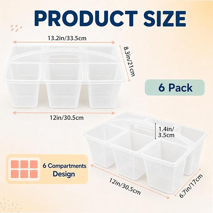 6 Pack Assorted Colors 6 Compartment Classroom Caddy with Handle Portable Plastic Storage Classroom Caddies Organizer for Classrooms Supply Teacher Office Table Desk(Clear) - Image 2