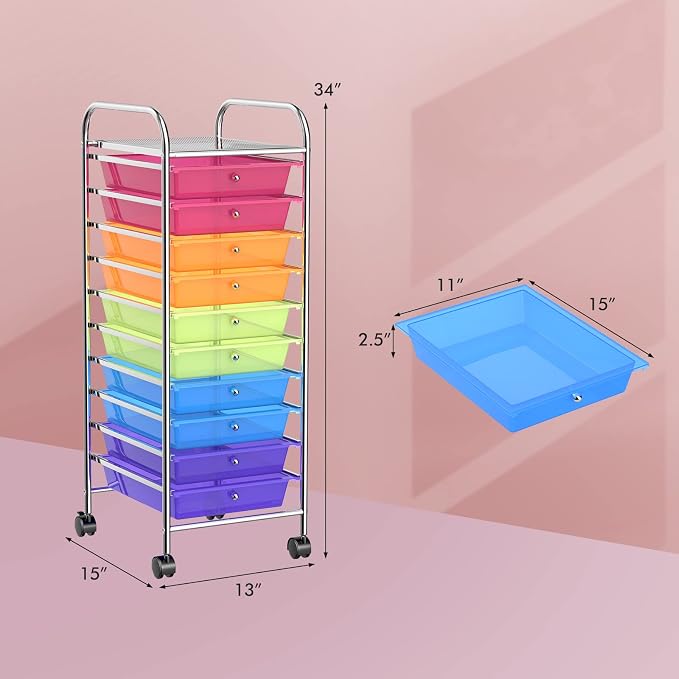Storage Cart, Rolling Utility Cart with 10 Drawers, Portable Handles & Lockable Wheels, Mobile Paper Toys Storage Organizer Large Capacity for Home Office School Teacher (Rainbow) - Image 3